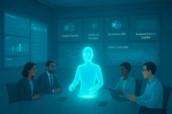 A glowing blue holographic figure leads a team in a high-tech boardroom.