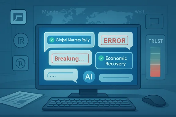 A computer screen shows AI-driven market updates with breaking news, an error, and recovery signals. A computer screen shows AI-driven market updates with breaking news, an error, and recovery signals.