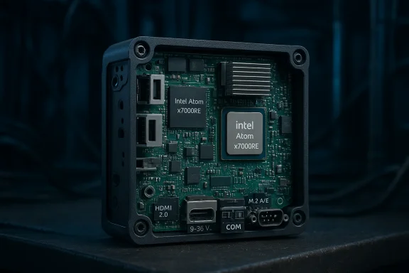 Close-up of a rugged mini PC motherboard featuring an Intel Atom x7000RE CPU. Close-up of a rugged mini PC motherboard featuring an Intel Atom x7000RE CPU.