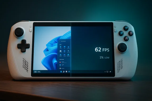 White handheld gaming console with Windows desktop and 62 FPS. White handheld gaming console with Windows desktop and 62 FPS.