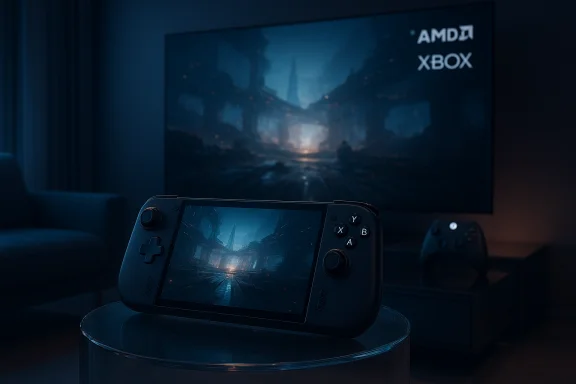A handheld gaming console rests on a glass table, glowing blue as a sci-fi game runs on the large screen. A handheld gaming console rests on a glass table, glowing blue as a sci-fi game runs on the large screen.