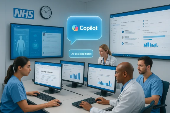 NHS medical team in a high-tech room using Copilot AI-assisted notes. NHS medical team in a high-tech room using Copilot AI-assisted notes.