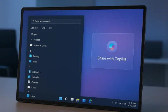 A Windows-style desktop on a sleek laptop, displaying a left app list and a “Share with Copilot” tile.