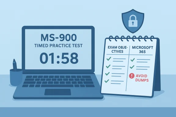 MS-900 timed practice test on a laptop with an exam objectives checklist and security shield. MS-900 timed practice test on a laptop with an exam objectives checklist and security shield.