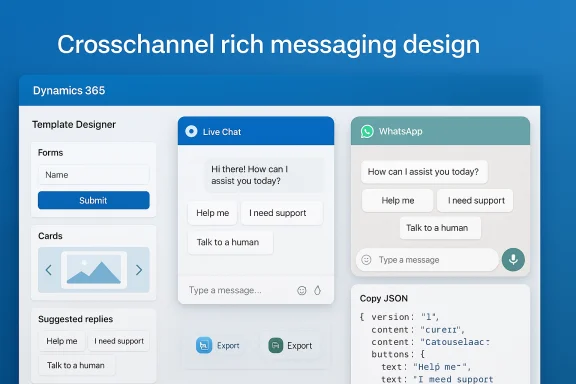 Cross-channel messaging design UI mockup in Dynamics 365, featuring Live Chat and WhatsApp panels. Cross-channel messaging design UI mockup in Dynamics 365, featuring Live Chat and WhatsApp panels.