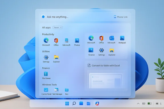 A translucent, Windows-style app launcher panel with Microsoft icons floating on a blue background.