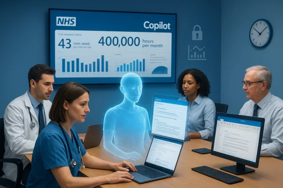 Clinicians review data with a blue holographic assistant during a high-tech NHS briefing. Clinicians review data with a blue holographic assistant during a high-tech NHS briefing.