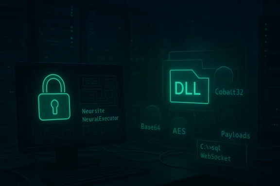 Neon-green cyber-security scene: a locked monitor and a DLL folder amid payloads in a dark data center. Neon-green cyber-security scene: a locked monitor and a DLL folder amid payloads in a dark data center.