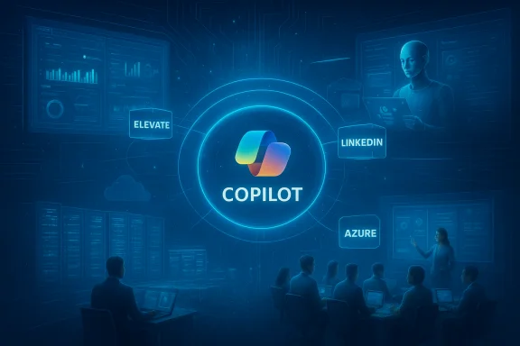A futuristic blue-lit control room centered on COPILOT, surrounded by Azure, LinkedIn, and Elevate. A futuristic blue-lit control room centered on COPILOT, surrounded by Azure, LinkedIn, and Elevate.