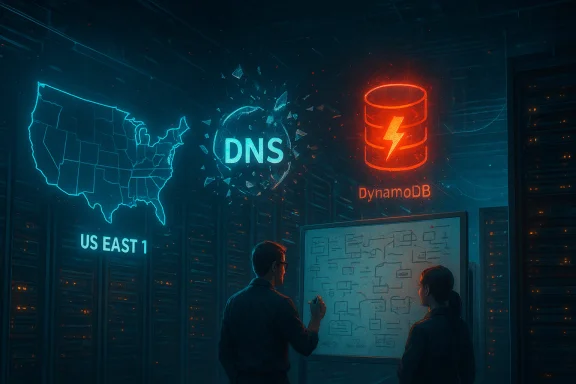Two people plan DNS routing for US East 1 in a neon-lit data center beside a DynamoDB sign. Two people plan DNS routing for US East 1 in a neon-lit data center beside a DynamoDB sign.
