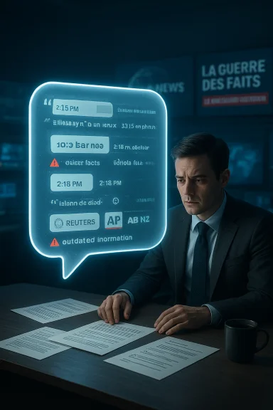 A suited man reviews documents as a glowing holographic news chat bubble hovers above his desk. A suited man reviews documents as a glowing holographic news chat bubble hovers above his desk.