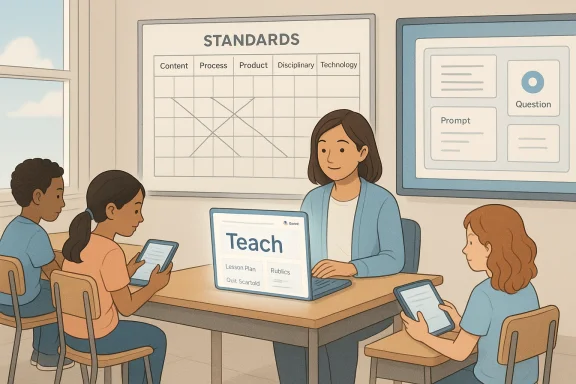 A teacher leads a tech-enhanced class as students use tablets beside a standards chart. A teacher leads a tech-enhanced class as students use tablets beside a standards chart.