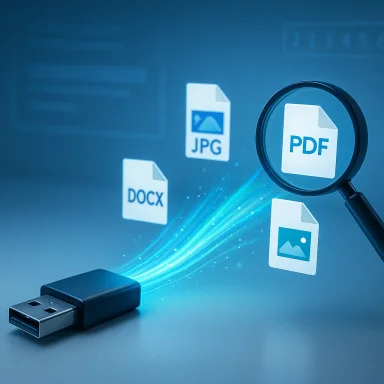 USB flash drive with floating file icons (PDF, JPG, DOCX) and a magnifying glass. USB flash drive with floating file icons (PDF, JPG, DOCX) and a magnifying glass.