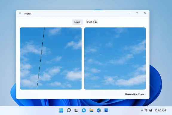 Windows Photos app showing two blue-sky photos side by side, with Erase and Generative Erase options. Windows Photos app showing two blue-sky photos side by side, with Erase and Generative Erase options.
