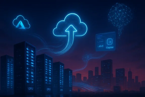 Futuristic city skyline at night with neon cloud upload icon and glowing GPU servers.