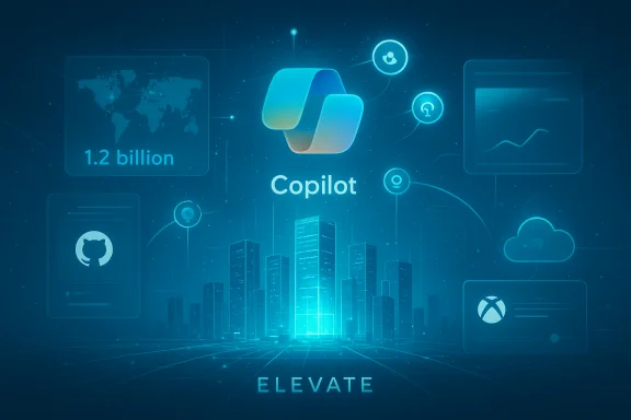 A futuristic blue digital cityscape featuring the Copilot logo and tech icons. A futuristic blue digital cityscape featuring the Copilot logo and tech icons.