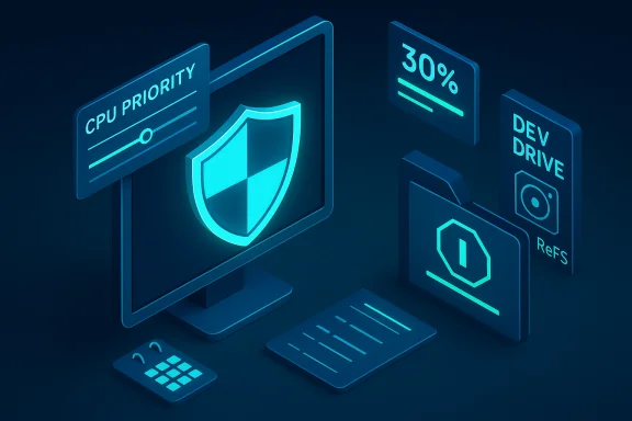 Neon isometric computer security dashboard with a shield, CPU priority, and drive panels. Neon isometric computer security dashboard with a shield, CPU priority, and drive panels.