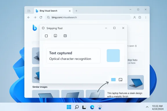 Windows 11 desktop showing Bing Visual Search with a Snipping Tool capture window. Windows 11 desktop showing Bing Visual Search with a Snipping Tool capture window.
