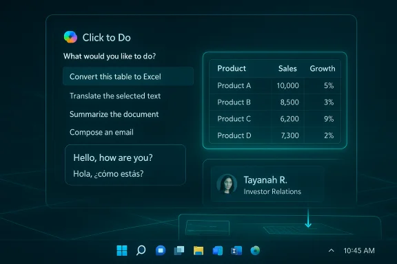 Neon blue dashboard featuring a 'Click to Do' menu and a product sales table. Neon blue dashboard featuring a 'Click to Do' menu and a product sales table.