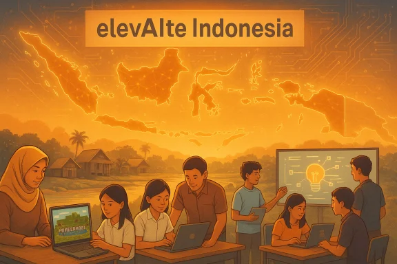 Indonesian students work on laptops in a tech workshop beneath a glowing 'Elevate Indonesia' banner. Indonesian students work on laptops in a tech workshop beneath a glowing 'Elevate Indonesia' banner.