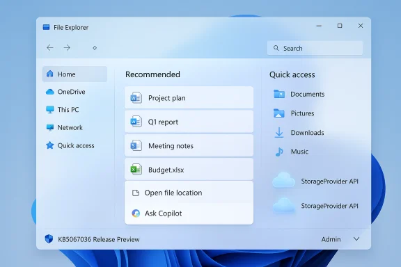 Blue-themed Windows 11 File Explorer layout showing Home, Recommended, and Quick access panels.