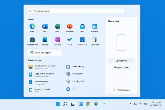 Windows 11-style start menu with pinned apps and a Phone Link panel on the right.