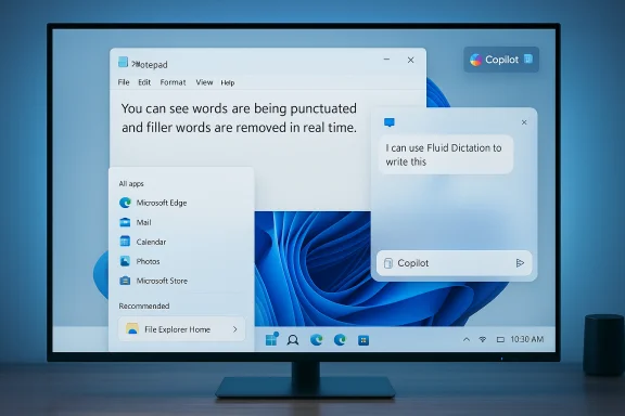 Windows desktop with Notepad text, a start menu, and a Copilot widget on screen.