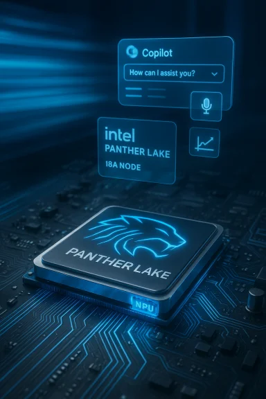 Blue, futuristic tech scene with Intel Panther Lake processor and holographic AI assistant UI.