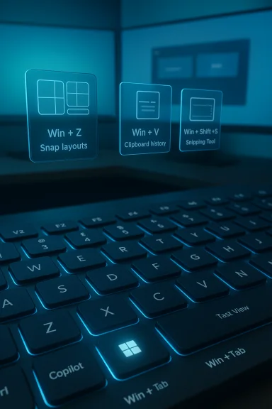 Blue-tinted keyboard with glowing floating Windows shortcuts for Snap layouts, clipboard history, and Snipping Tool. Blue-tinted keyboard with glowing floating Windows shortcuts for Snap layouts, clipboard history, and Snipping Tool.