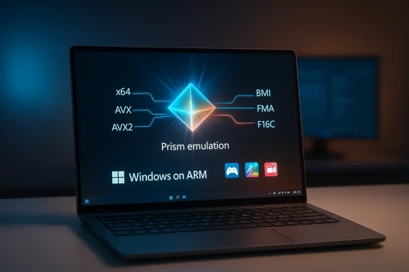 Laptop displays a Prism emulation diagram for Windows on ARM.