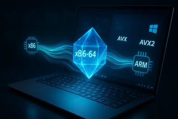 Blue holographic x86-64 cube links x86 and ARM CPUs on a laptop. Blue holographic x86-64 cube links x86 and ARM CPUs on a laptop.