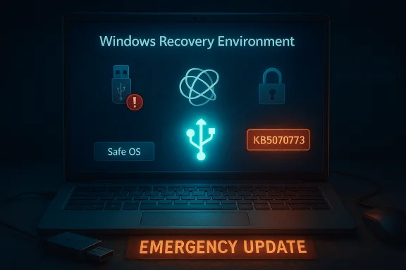 Laptop shows Windows Recovery Environment screen with an emergency update badge. Laptop shows Windows Recovery Environment screen with an emergency update badge.