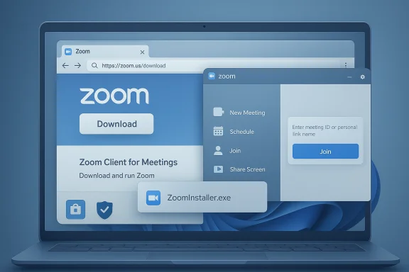 Laptop screen showing Zoom download page with overlapping Zoom meeting UI panels. Laptop screen showing Zoom download page with overlapping Zoom meeting UI panels.
