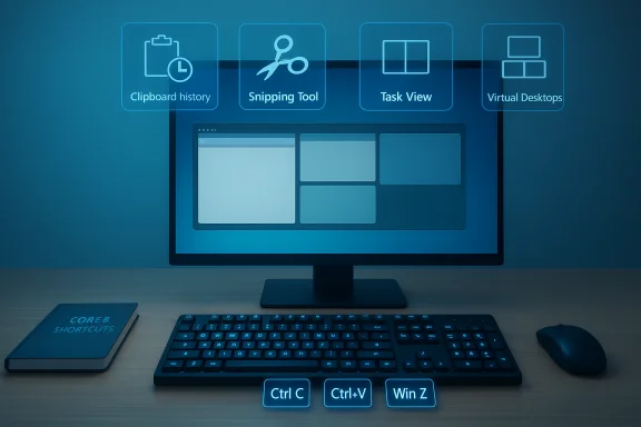 A computer desk with holographic shortcuts above the monitor: Clipboard history, Snipping Tool, Task View. A computer desk with holographic shortcuts above the monitor: Clipboard history, Snipping Tool, Task View.