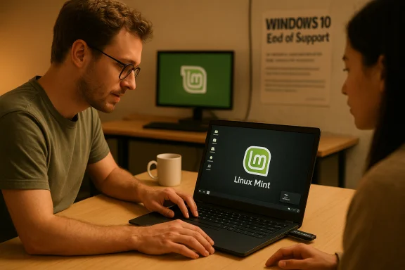 A man and a woman discuss Linux Mint on a laptop at a wooden table. A man and a woman discuss Linux Mint on a laptop at a wooden table.