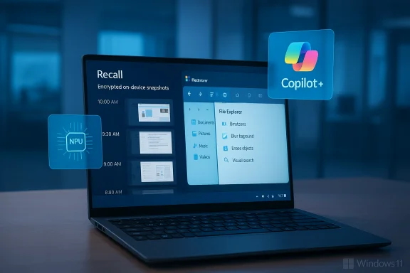 Windows 11 laptop displaying Recall on-device snapshots with Copilot+ and NPU icons.
