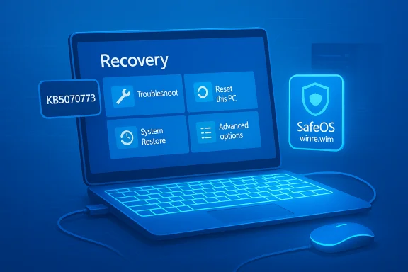 Blue-tinted laptop screen shows Recovery menu with Troubleshoot, Reset this PC, System Restore, and Advanced options. Blue-tinted laptop screen shows Recovery menu with Troubleshoot, Reset this PC, System Restore, and Advanced options.