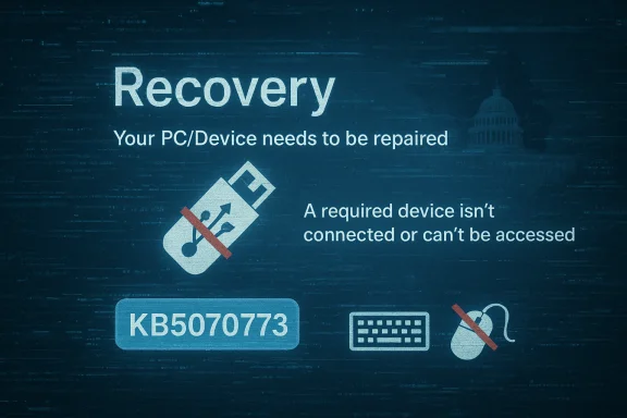 Windows recovery screen: Your PC needs to be repaired; a required device isn’t connected.