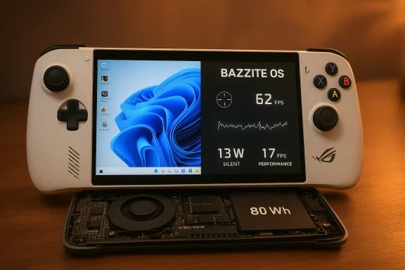 White handheld console with back panel removed, exposing an 80 Wh battery, running BAZZITE OS. White handheld console with back panel removed, exposing an 80 Wh battery, running BAZZITE OS.