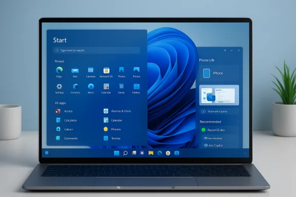 Laptop screen showing a Windows-style Start menu with app icons on a blue background.