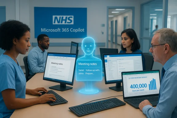 NHS meeting room with a holographic AI assistant taking notes for staff using Microsoft 365 Copilot. NHS meeting room with a holographic AI assistant taking notes for staff using Microsoft 365 Copilot.