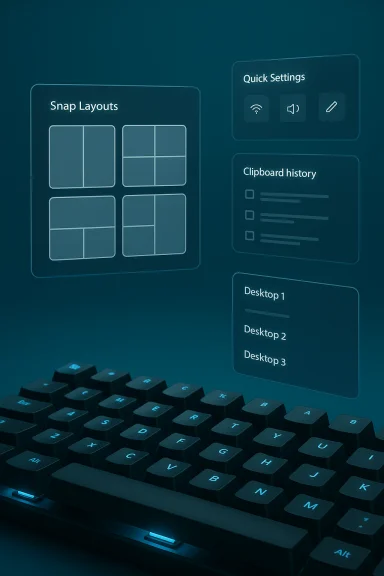 A backlit keyboard with holographic Windows-style UI panels showing Snap Layouts, Quick Settings, and desktops. A backlit keyboard with holographic Windows-style UI panels showing Snap Layouts, Quick Settings, and desktops.