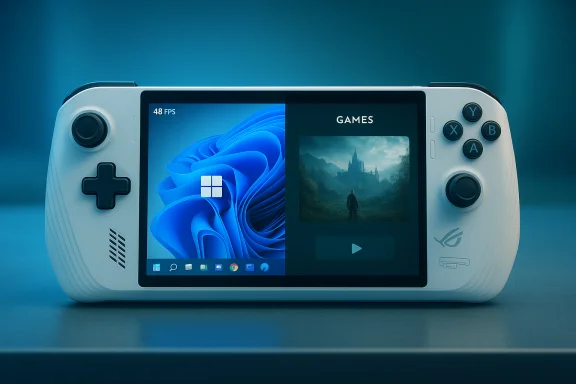 A white handheld gaming device shows a Windows desktop on the left and a game gallery on the right. A white handheld gaming device shows a Windows desktop on the left and a game gallery on the right.