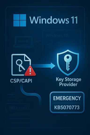 Windows 11 security diagram showing CSP/CAPI to Key Storage Provider flow.