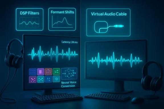 Futuristic audio workstation with neon blue HUDs, dual monitors displaying waveforms and neural voice conversion. Futuristic audio workstation with neon blue HUDs, dual monitors displaying waveforms and neural voice conversion.