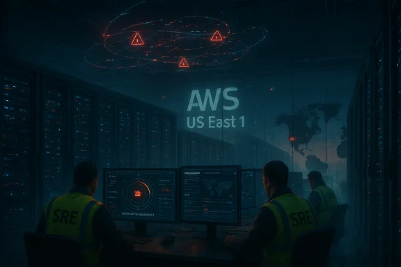 SREs in hi-vis vests monitor AWS US East 1 data center with glowing dashboards. SREs in hi-vis vests monitor AWS US East 1 data center with glowing dashboards.