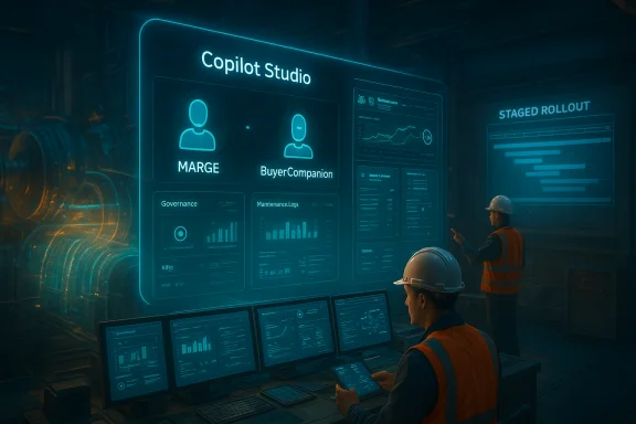 Two workers in hard hats monitor holographic Copilot Studio dashboards in a high-tech control room.