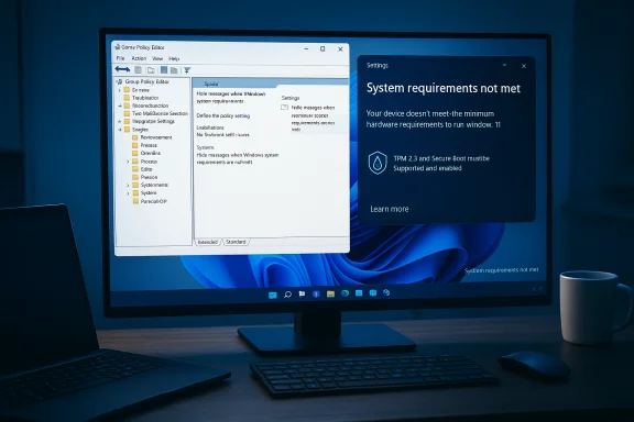 Monitor displays Group Policy Editor alongside a “System requirements not met” warning. Monitor displays Group Policy Editor alongside a “System requirements not met” warning.
