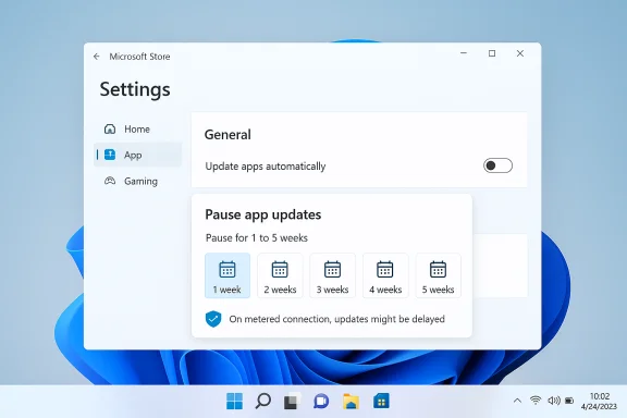 Windows 11 Settings panel for apps with update toggle and pause options. Windows 11 Settings panel for apps with update toggle and pause options.