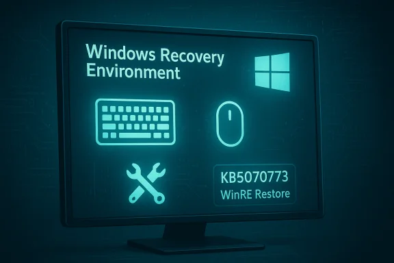 Windows Recovery Environment screen on a monitor with keyboard, mouse, and repair icons. Windows Recovery Environment screen on a monitor with keyboard, mouse, and repair icons.